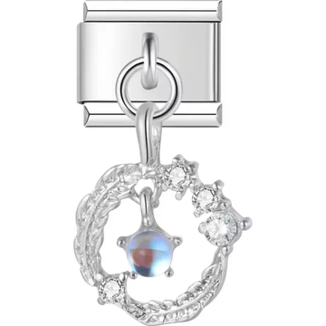 Silver wreath dangle charm with moonstone center and clear crystal accents Italian charm bracelet link