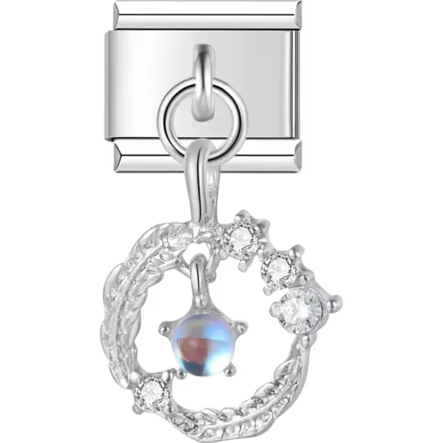 Silver wreath dangle charm with moonstone center and clear crystal accents Italian charm bracelet link