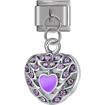 Silver heart with purple center and purple crystal gemstone accents Italian charm bracelet link