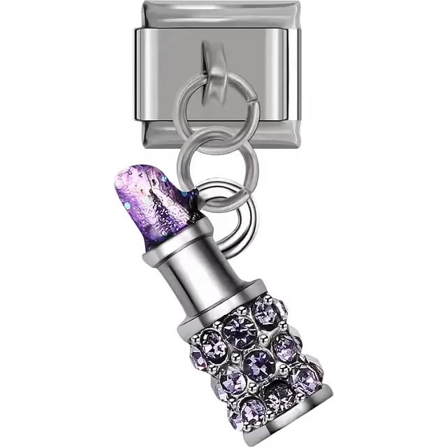 Silver lipstick with purple crystal gemstones purple shimmer cap dangle Italian charm bracelet link
