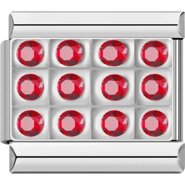 Silver rectangular charm featuring twelve red crystals Italian charm bracelet link