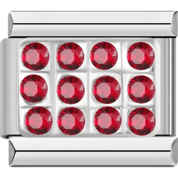 Silver rectangle featuring twelve vibrant red crystals Italian charm bracelet link