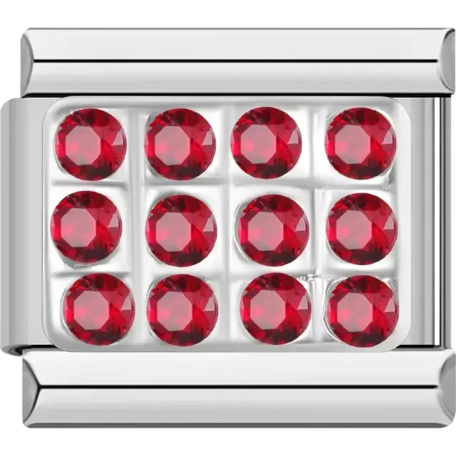Silver rectangle featuring twelve vibrant red crystals Italian charm bracelet link