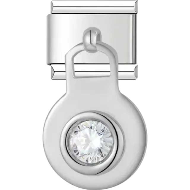 Silver round pendant with a central clear crystal Italian charm bracelet link