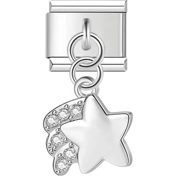Silver shooting star dangle design with clear crystal accents Italian charm bracelet link