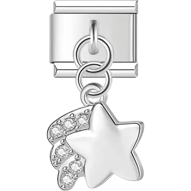 Silver shooting star dangle design with clear crystal accents Italian charm bracelet link