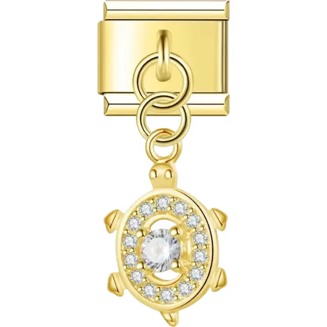 Silver turtle pendant charm with crystal accents and single Italian charm bracelet link