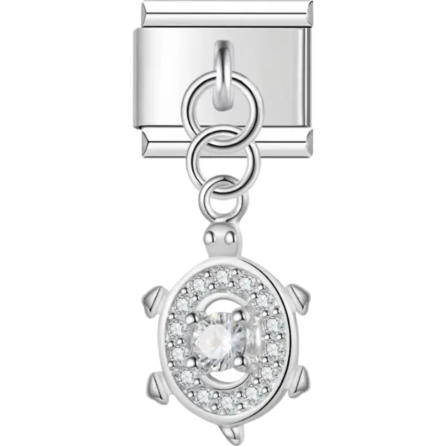 Silver turtle pendant charm with crystal accents and single Italian charm bracelet link