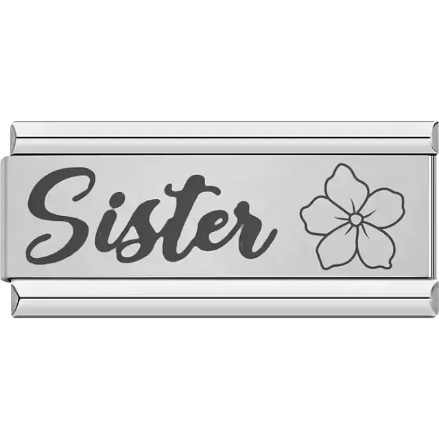 "Sister" text with flower illustration Italian charm bracelet link