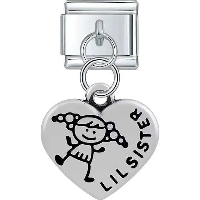 Heart with "LIL SISTER" text girl stick figure drawing dangle Italian charm bracelet link