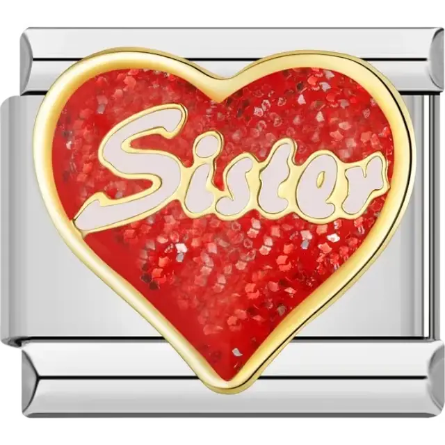 "Sister" text inside a sparkling red heart with gold edges Italian charm bracelet link