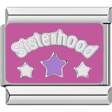 Pink background with "Sisterhood" text and three stars Italian charm bracelet link