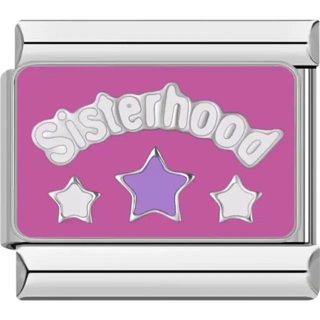 Pink background with "Sisterhood" text and three stars Italian charm bracelet link
