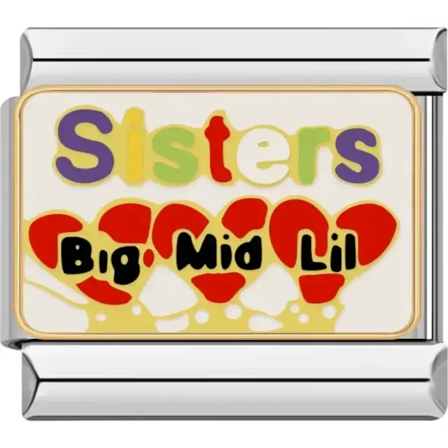 "Sisters" multicolor text with red hearts labeled Big Mid Lil Italian charm bracelet link