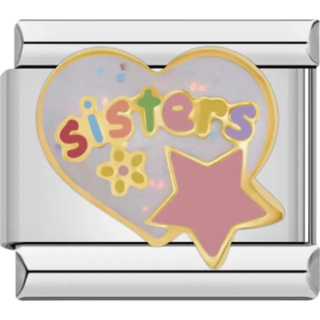 Heart with multicolor "sisters" text pink star yellow flower and confetti details Italian charm bracelet link