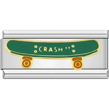 Green skateboard with crash text and golden wheels Italian charm bracelet link