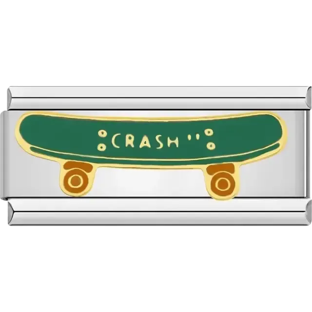 Green skateboard with crash text and golden wheels Italian charm bracelet link
