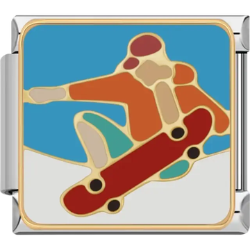 Gold skateboarder mid-jump with red skateboard on a blue and white background Italian charm bracelet link