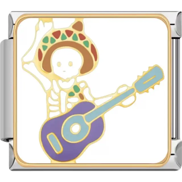 Skeleton wearing sombrero playing purple guitar with gold outlines on white background Italian charm bracelet link