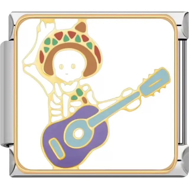Skeleton wearing sombrero playing purple guitar with gold outlines on white background Italian charm bracelet link