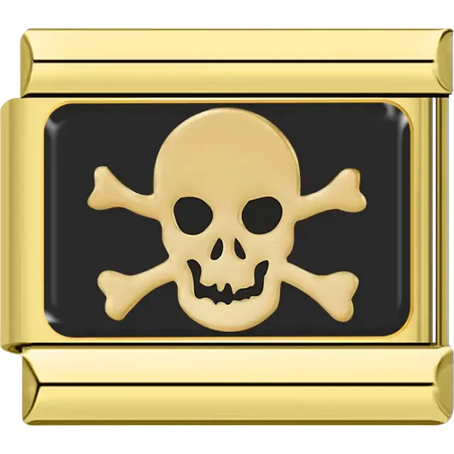 Gold skull and crossbones with black background Italian charm bracelet link