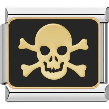 Gold skull and crossbones with black background Italian charm bracelet link