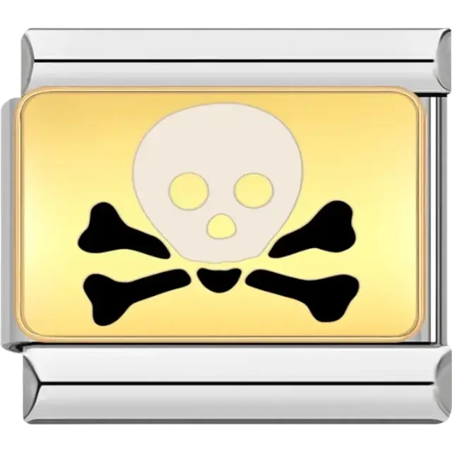 White skull with black crossbones on yellow background Italian charm bracelet link