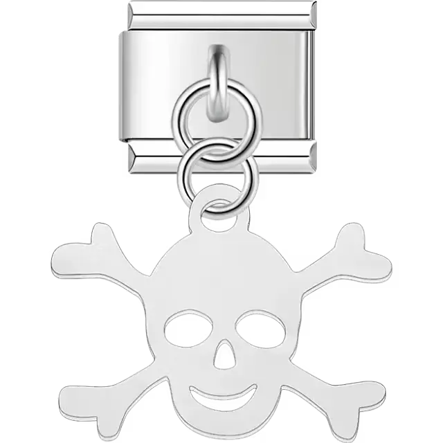 Silver skull and crossbones dangle pendant Italian charm bracelet link