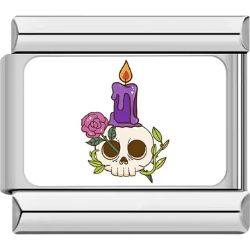 Skull with purple candle and rose Italian charm bracelet link