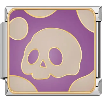 White skull with gold outline on a purple background with circular details Italian charm bracelet link