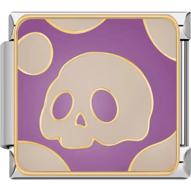 White skull with gold outline on a purple background with circular details Italian charm bracelet link