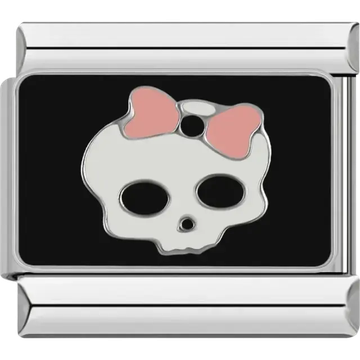 Black charm with white skull and pink bow Italian charm bracelet link
