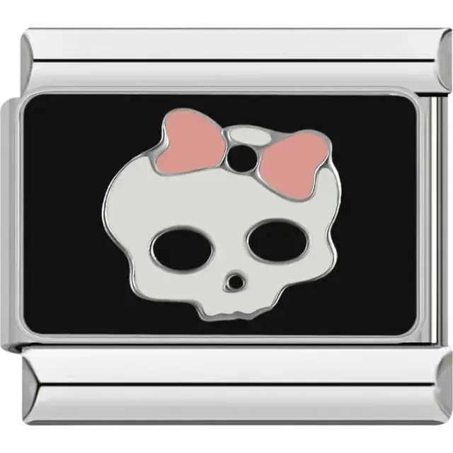 Black charm with white skull and pink bow Italian charm bracelet link