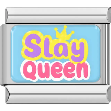 "Slay Queen" with crown on blue Italian charm bracelet link