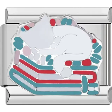 White cat sleeping on a colorful striped blanket Italian charm bracelet link