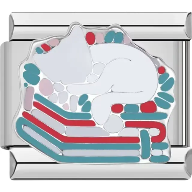 White cat sleeping on a colorful striped blanket Italian charm bracelet link