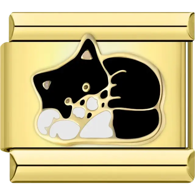 Black and white cat curled up in a sleeping position Italian charm bracelet link