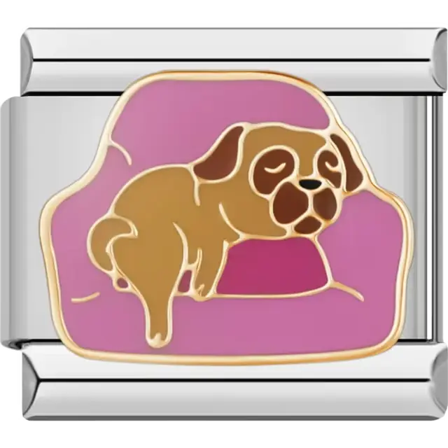 Sleeping pug design on a pink pillow with gold detailing Italian charm bracelet link