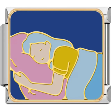 Woman sleeping with pink pillow blue blanket yellow shirt and dark blue background Italian charm bracelet link