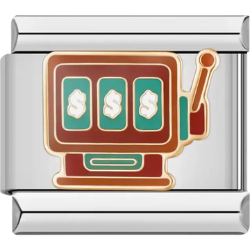 Red and gold slot machine with teal screens and dollar sign design Italian charm bracelet link