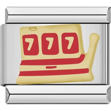 Gold slot machine with red triple seven design Italian charm bracelet link