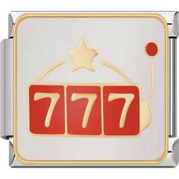 Gold slot machine with red "777" jackpot and a gold star accent Italian charm bracelet link