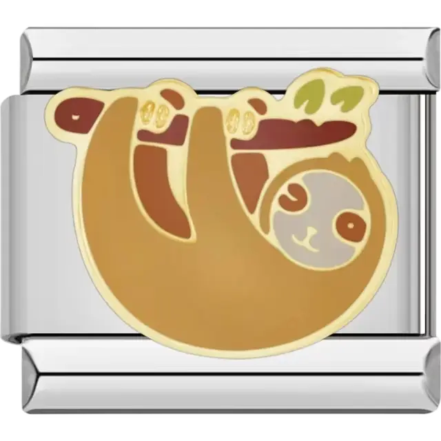Brown sloth with green leaves on a branch Italian charm bracelet link