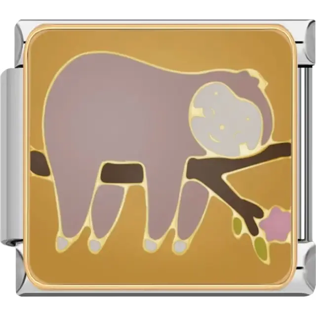 Brown sloth hanging on a tree branch with pink flower Italian charm bracelet link
