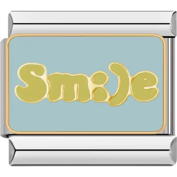 Gold "Smile" text with a light blue background and gold outlines Italian charm bracelet link