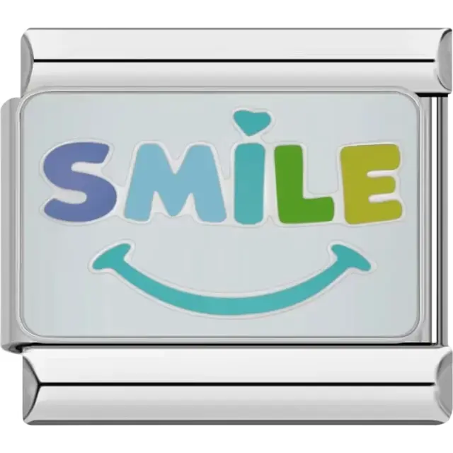 Colorful "SMILE" text with a heart and a blue smile Italian charm bracelet link