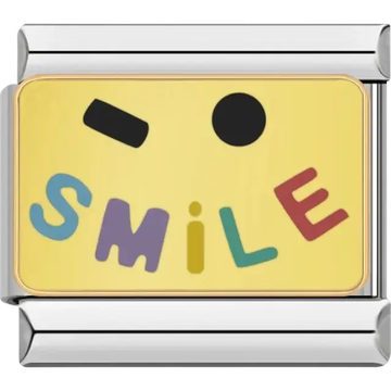 “Smile” text with colorful letters on a yellow background Italian charm bracelet link