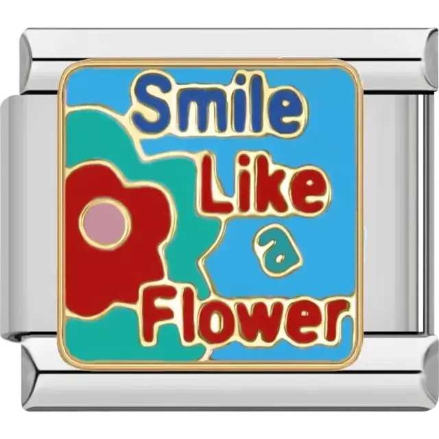 “Smile Like a Flower” text with a red flower on a blue background Italian charm bracelet link