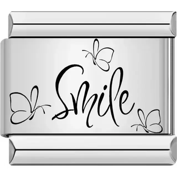 "Smile" text with decorative butterfly designs Italian charm bracelet link