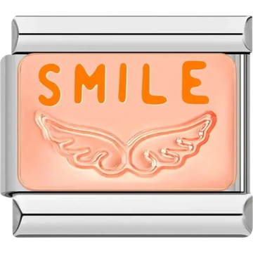 “SMILE” text in bright orange with wing symbol on a peach-toned background Italian charm bracelet link